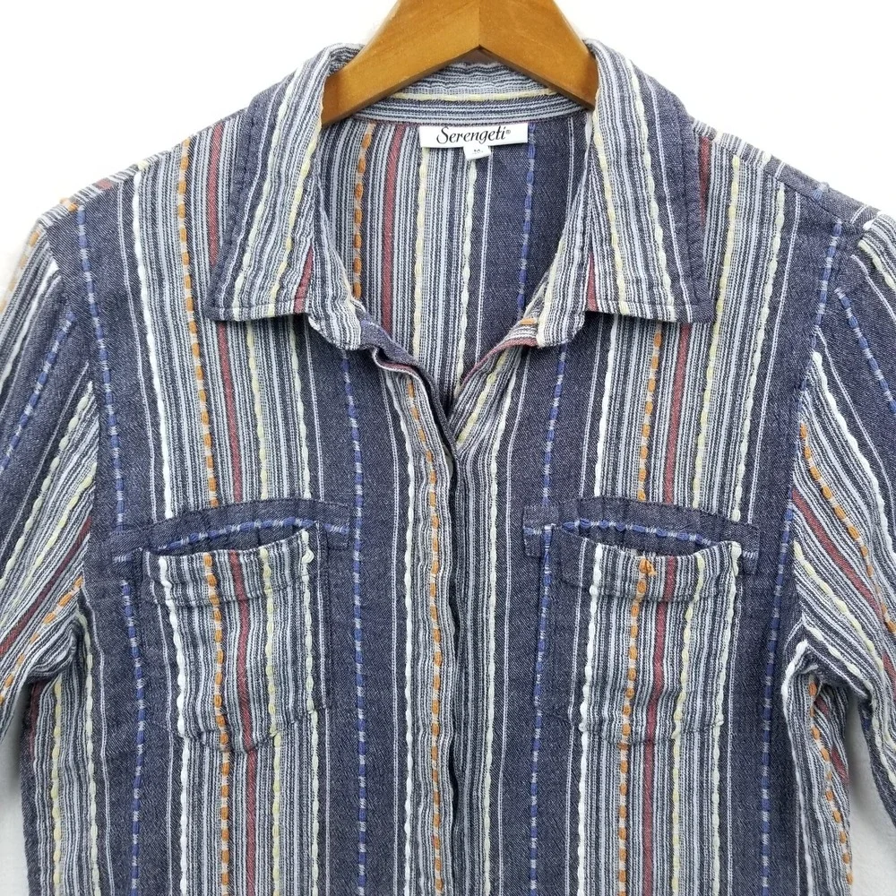 Serengeti Blouse Women M Blue‎ Striped Cotton Long Roll Sleeve Hippie Boho Slim